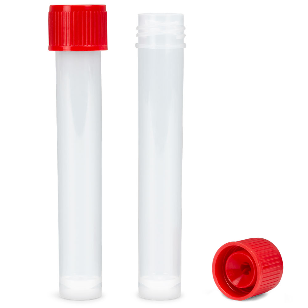 Globe Scientific 16x101mm tube, separate red screwcap, sterile, self-standing,200 tube/bag,1000cap/bag,case liner Storage Tubes;transport tubes;specimen tubes;self standing tube
